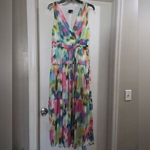 Maison Tara Sleeveless Lined  Multicolor Watercolor Maxi Dress  54" Length
